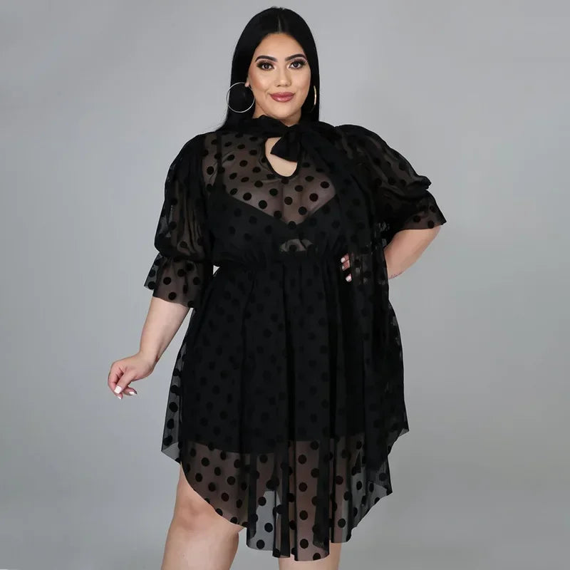 KEXU Dot Mesh Sheer Club Dress - Plus Size Black Ruffles Sexy Bodycon Night Party Dress