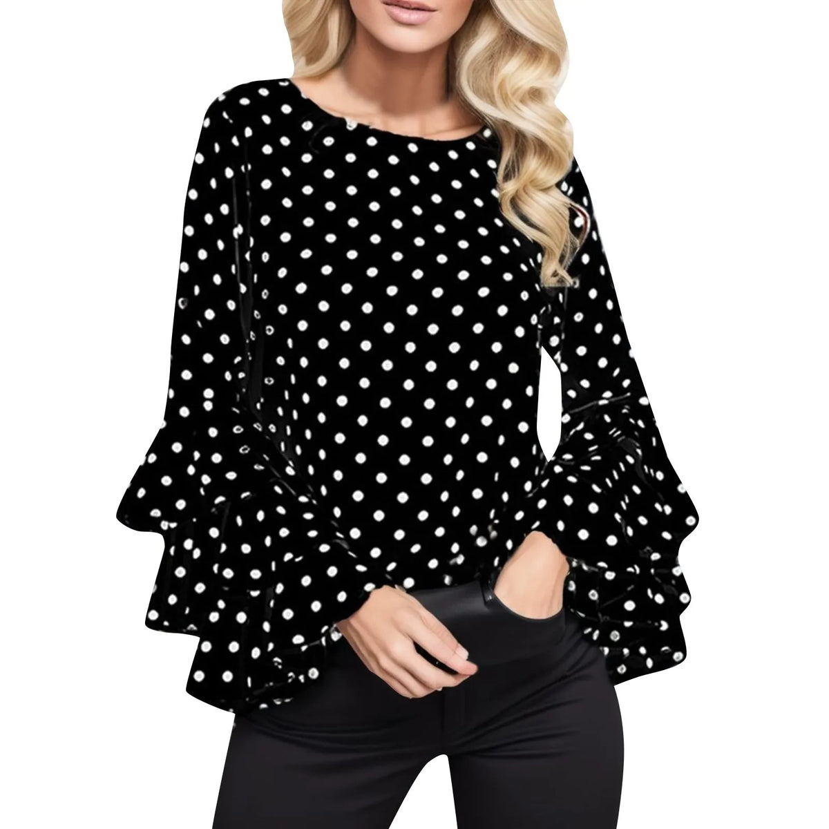 Vintage Polka Dot Printed Women’s T-Shirt – Long Sleeve Flared Sleeve Tee, Casual Round Neck Blouse Top