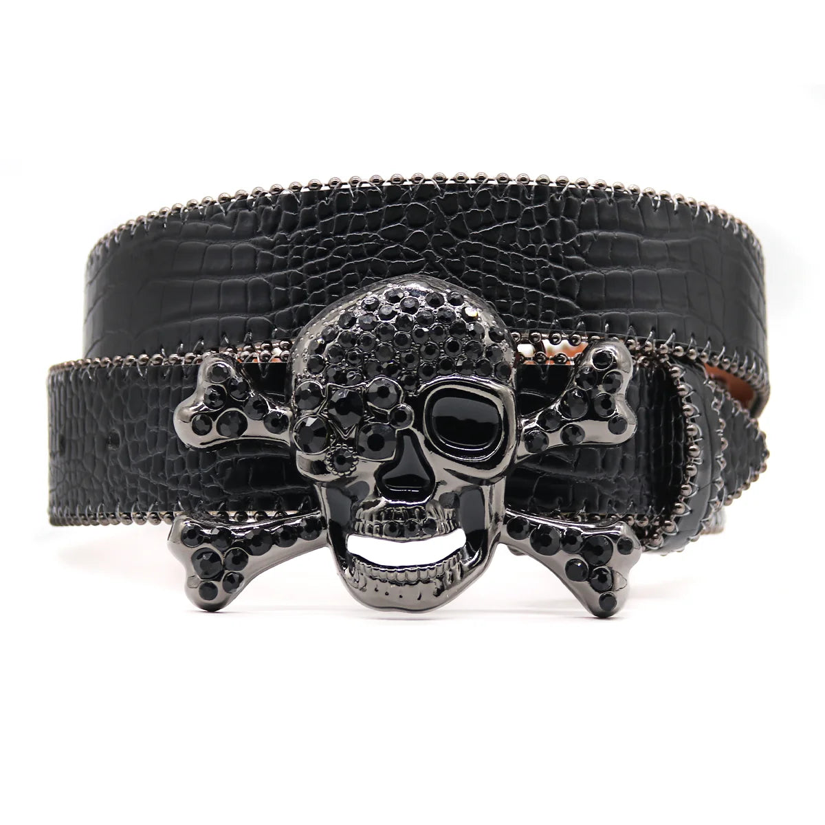 Rivet Skull Rhinestone Bb Belts Cowboy Cowgirl Jeans Pants Belt For Women Girls Trendy Solid Color Sparkling Leather Belt