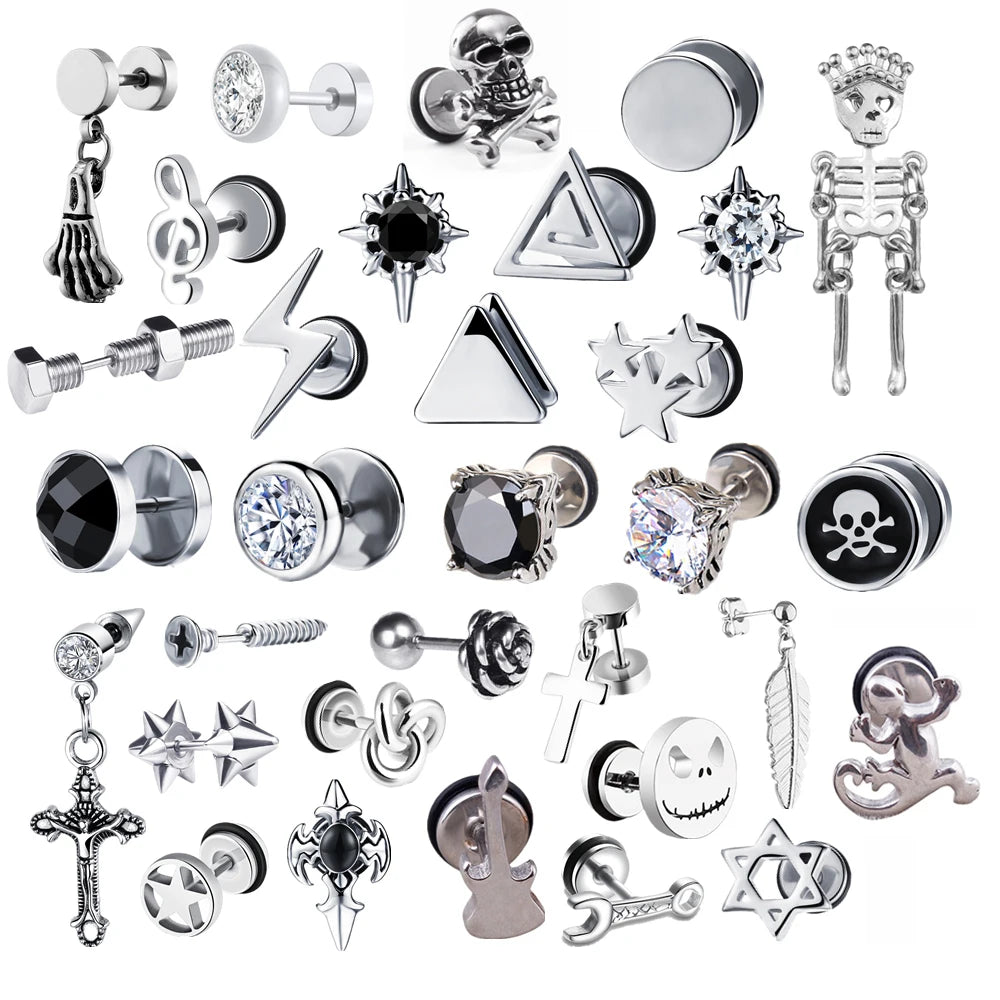 2023 Punk Stainless Surgical Steel Stud Earrings – Small Gothic Geometry, Skeleton Rock Zircon Jewelry for Women & Men