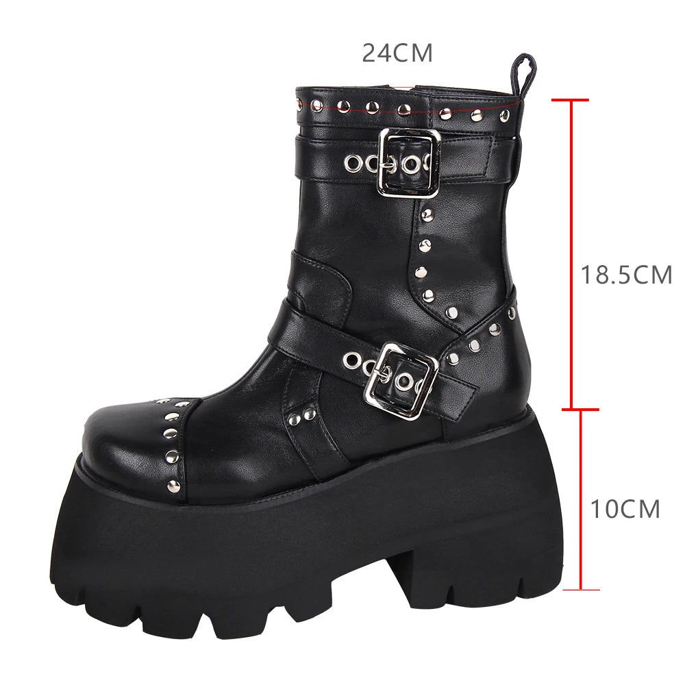 Women motorcycle punk shoes lady lolita ankle Boots woman high trifle heels pumps platform girl customized shoes rivets 10cm 41