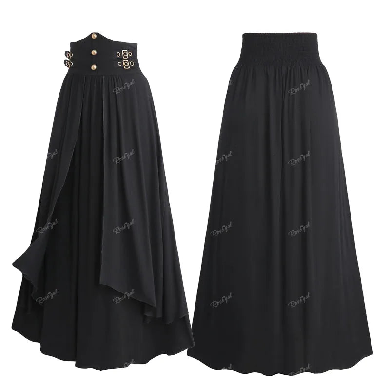 ROSEGAL Plus-Size Gothic Black Strap Buckle Grommet Rivet Skirt - Layered Ruched Ankle-Length A-Line Skirt