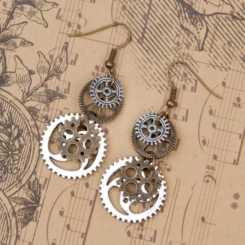 Steampunk Metal Double Gear Drop Hook Earrings - Unique Women's Party Jewelry Gift with Industrial Style