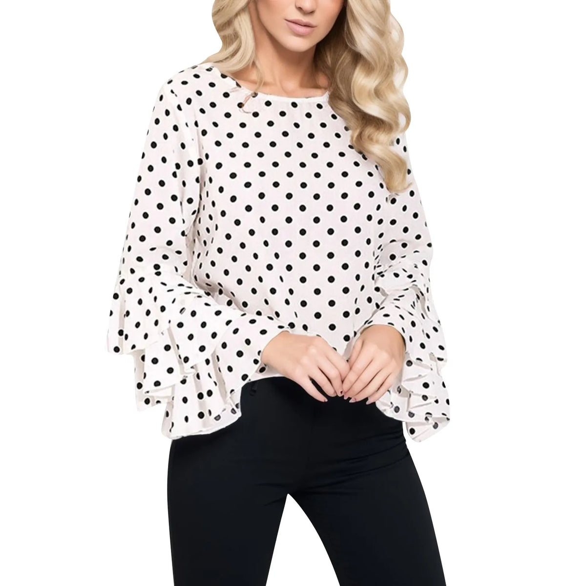 Vintage Polka Dot Printed Women’s T-Shirt – Long Sleeve Flared Sleeve Tee, Casual Round Neck Blouse Top