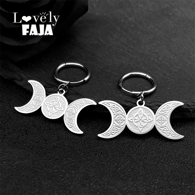 Stainless Steel Wicca Triple Moon Goddess Celtic Knot Drop Earrings – Aesthetic Jewelry Gift for Women & Men