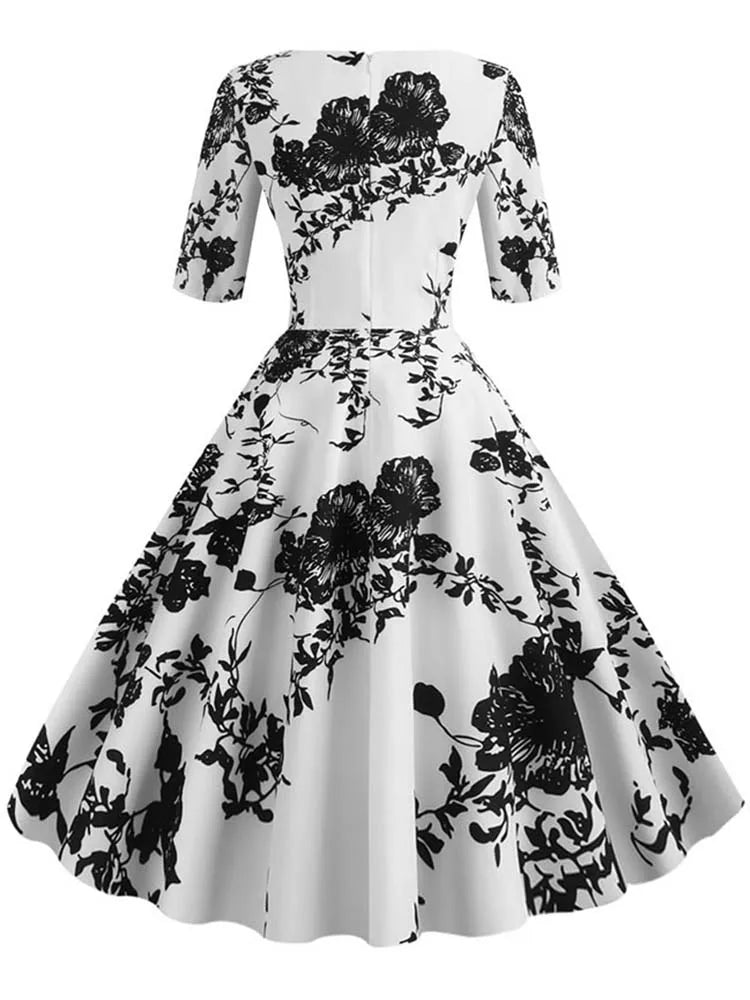 Half Sleeve Black Summer Women Dress | Floral Print Vintage Party Dresses | Robe Casual Retro A-Line
