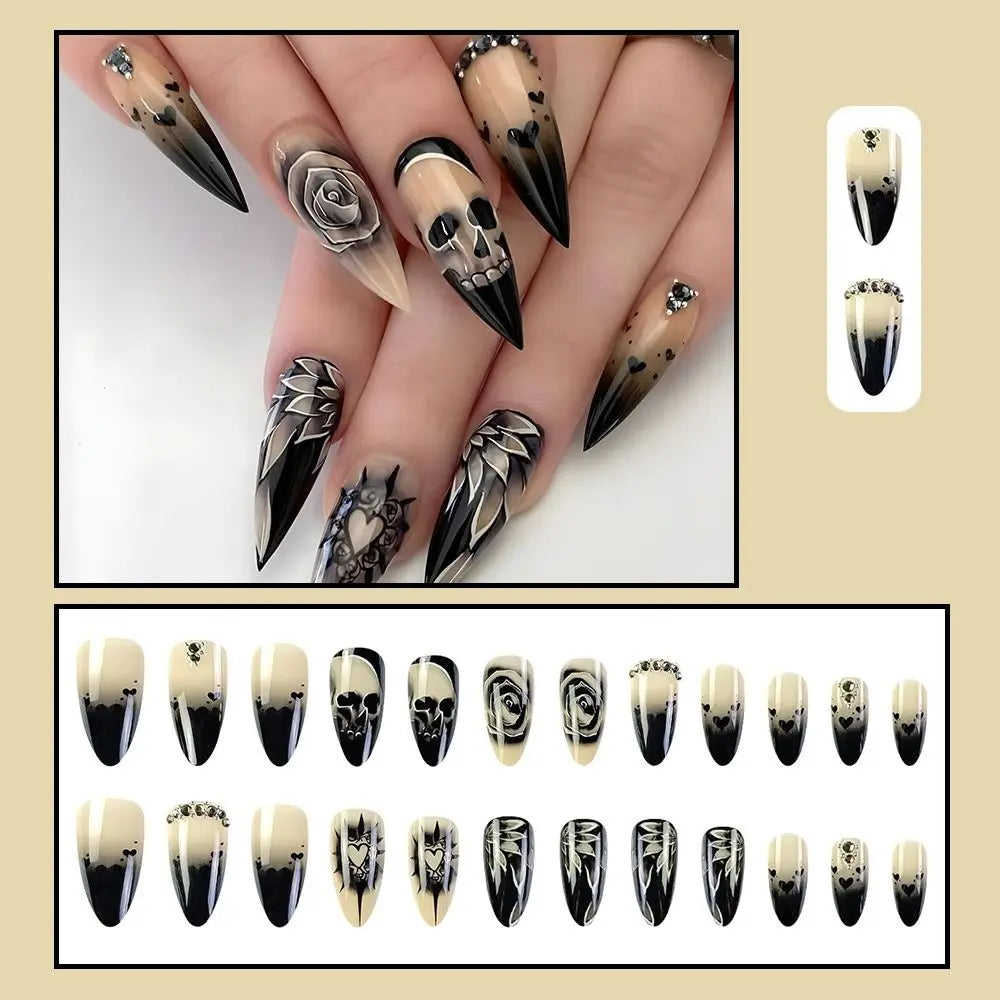 24pcs Rose Rhinestone Halloween Skull Fake Nails Full Cover Detachable Press on Nails Wearable Long Length False Nail