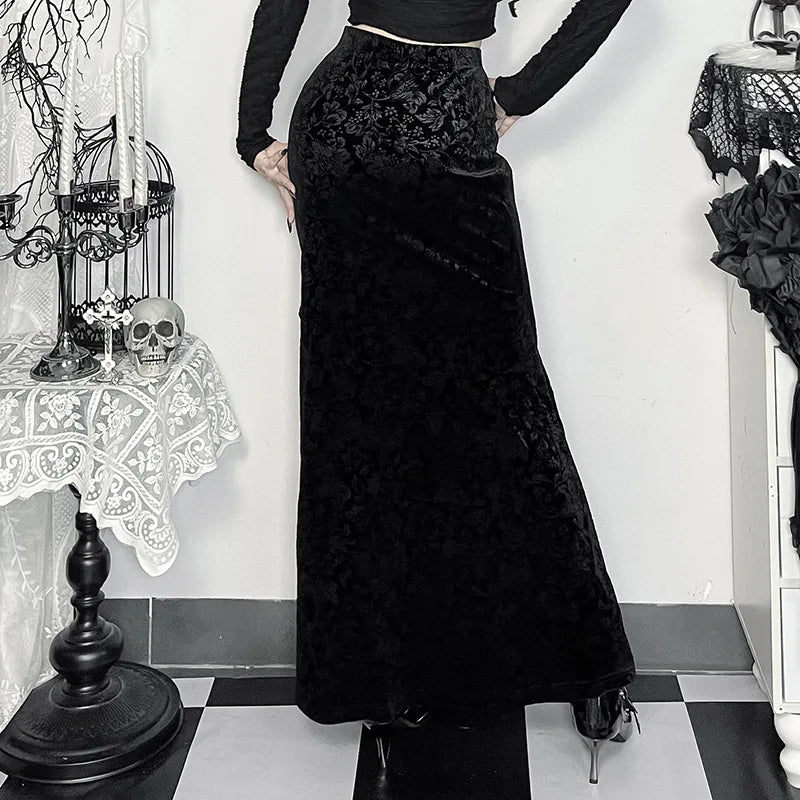 Goth Dark Elegant Flocking Long Skirt – Women’s Mall Gothic Irregular Split Hem Ruffle Skirt, Autumn Alt Fashion Bottoms