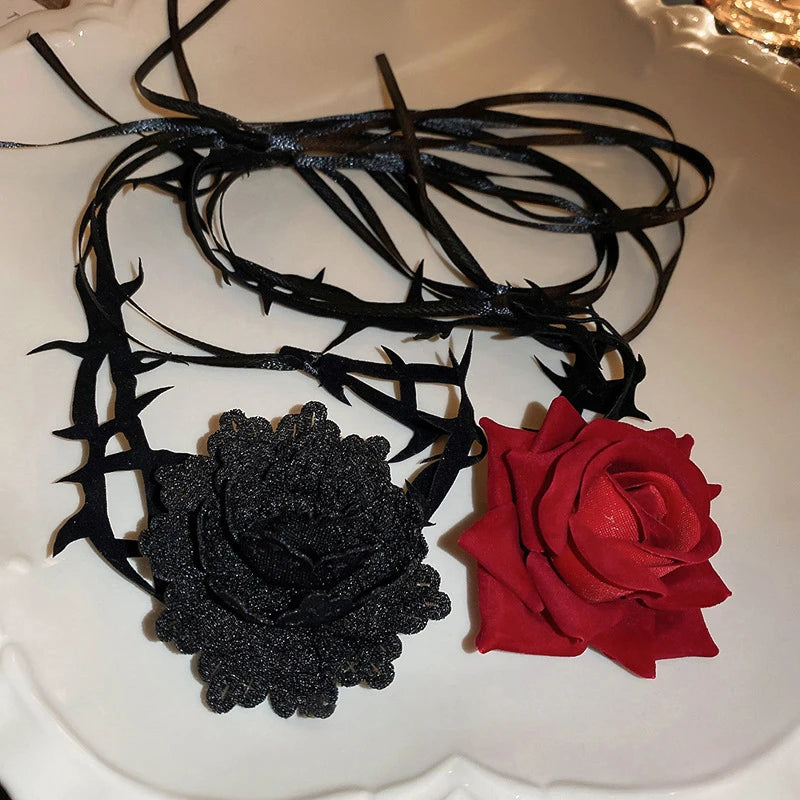 Retro Flower Adjustable Rope Collar Necklace | Gothic Thorny Red Rose Choker for Halloween Cosplay Party Accessories