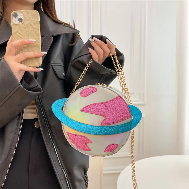 Laser Circular Planet Shape Pursess and Handbags for Young Girls Cute Cartoon Women Chain Crossbody Bag Fashion Novetly Clutch