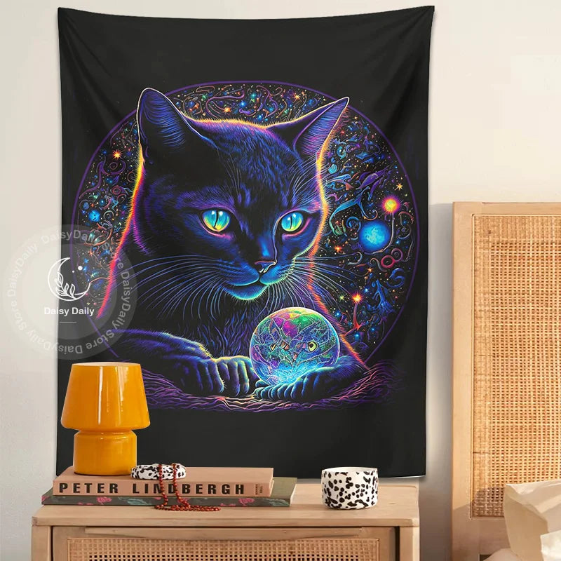 Blacklight Cat Tapestry | Trippy Magic Black Cat Crystal Ball Boho Art Decor | Living Room Wall Art