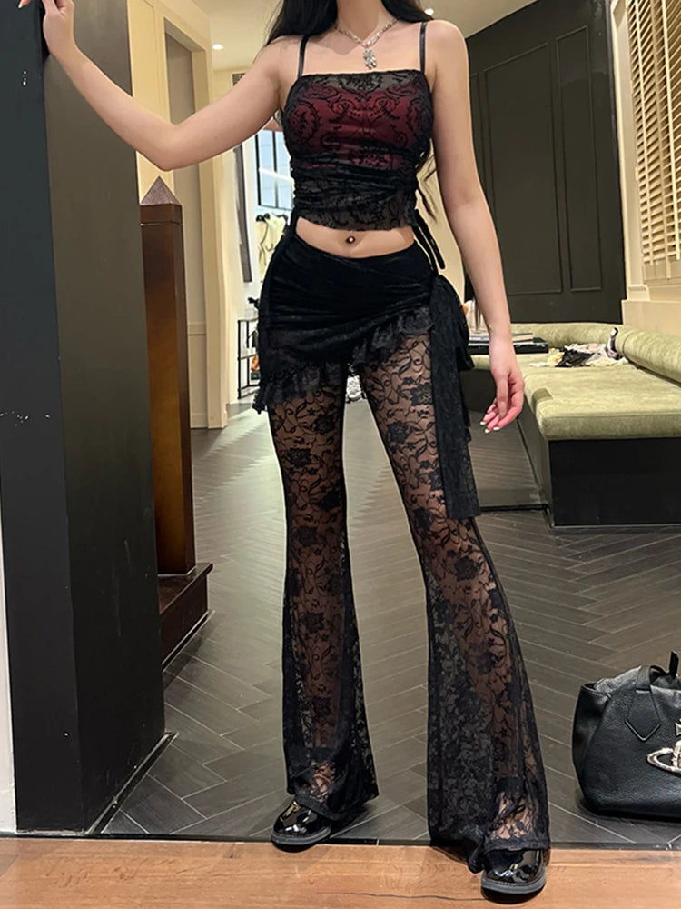 InsGoth Gothic Lace Flared Trousers Two-Piece Suit | Women’s Asymmetric Apron Harajuku Retro See-Through Wide Leg Printed Pants