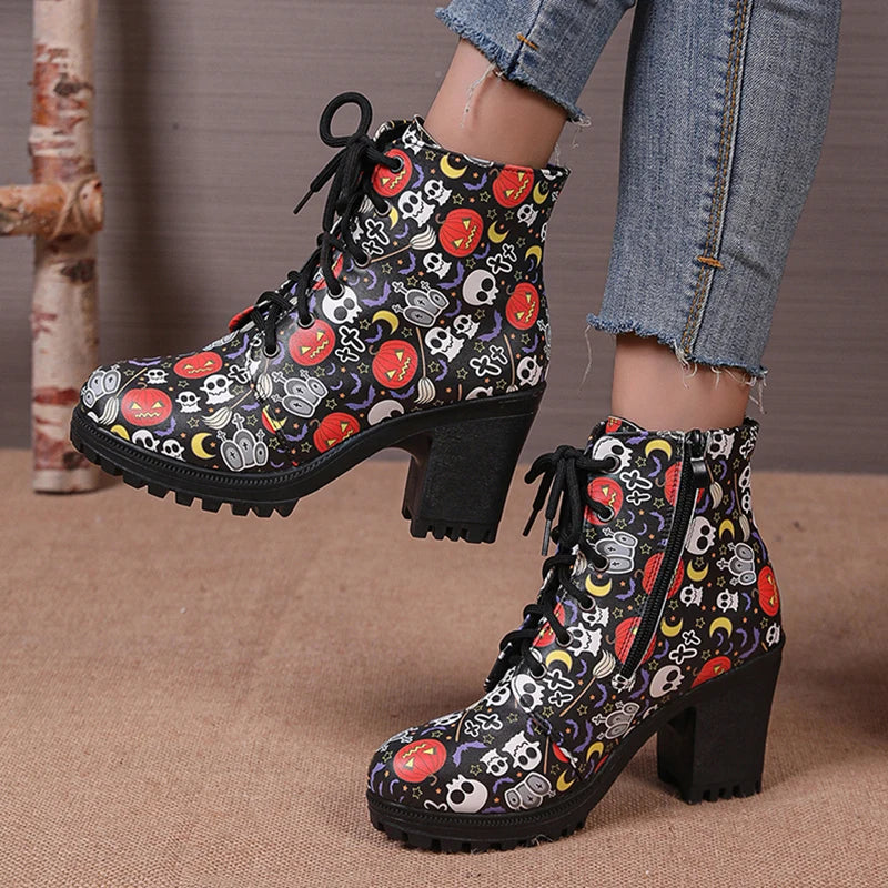 Halloween Pumpkins Print Platform Ankle Boots for Women – 2024 Autumn Side Zip High Heels, PU Leather Thick Heeled Booties