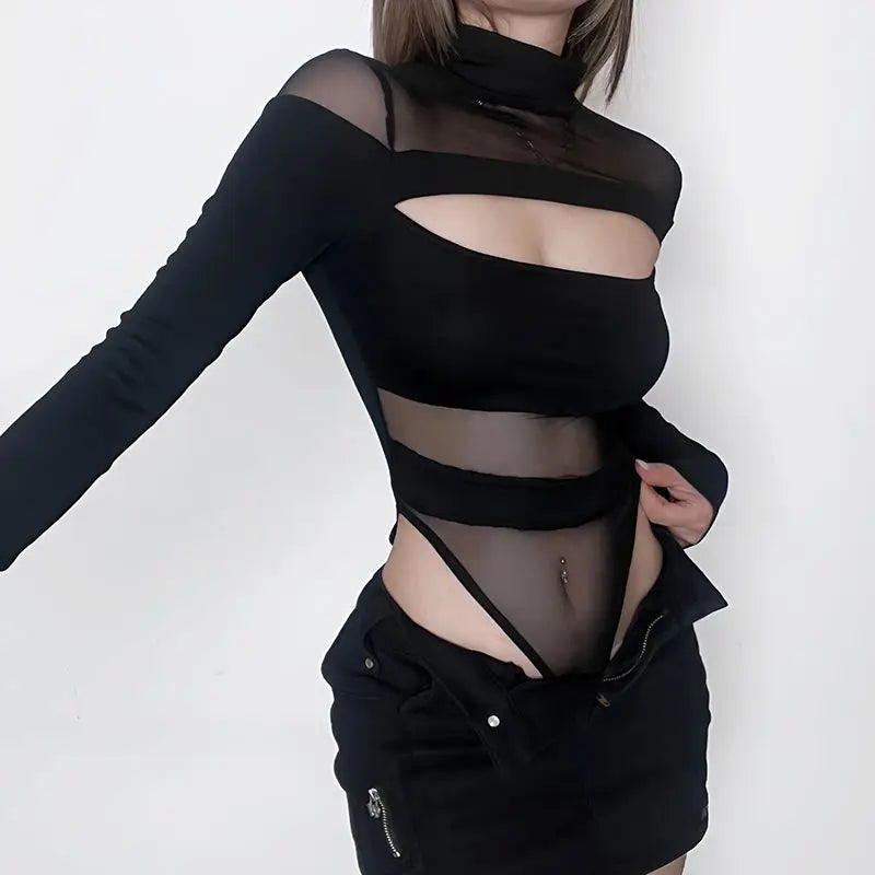 Sexy Hollow Bodysuit Women's Skinny Long Sleeved Perspective Mesh Tops Solid Color Fashion Jumpsuit Bottoming Black Y2k Clothes