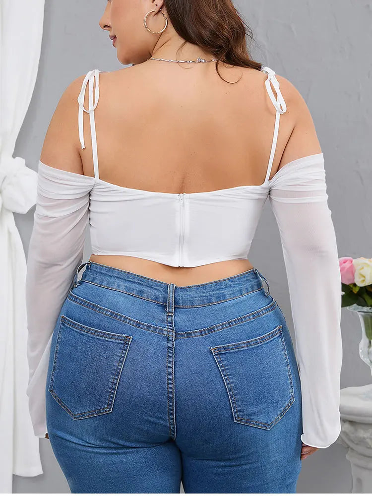 EYNMIN Plus Size Solid Mesh Sleeve Cropped Top for Women – Autumn Sexy V-Neck Backless Cami Fashion Club Top