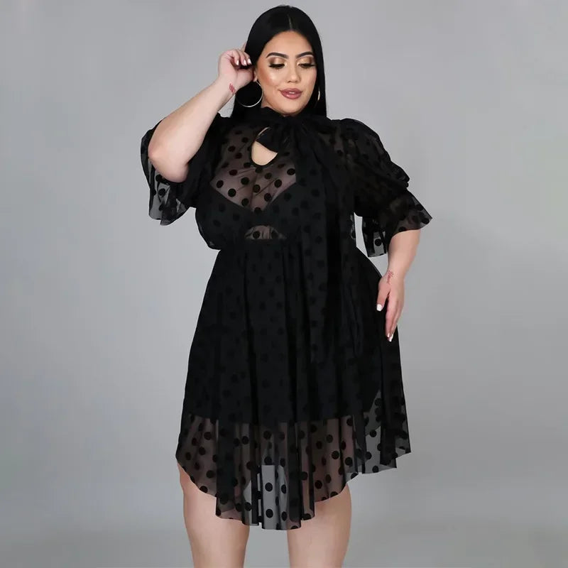 KEXU Dot Mesh Sheer Club Dress - Plus Size Black Ruffles Sexy Bodycon Night Party Dress