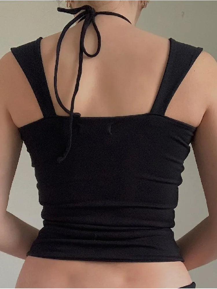 Vintage Black Square-neck Halter Crop Top – Sexy Slim Pleated Backless Sleeveless Tank Top for Women