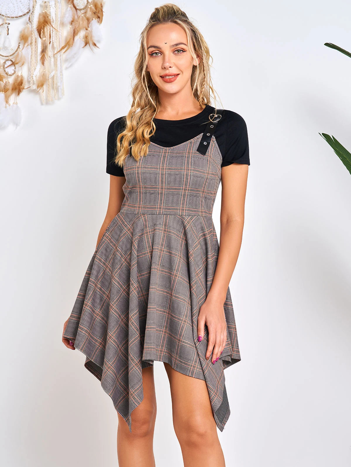 Dressfo Women's Dresses Plaid Print Heart-ring Adjustable Strap Asymmetric Dress And Basic Short Sleeve T-shirt Two Piece Set