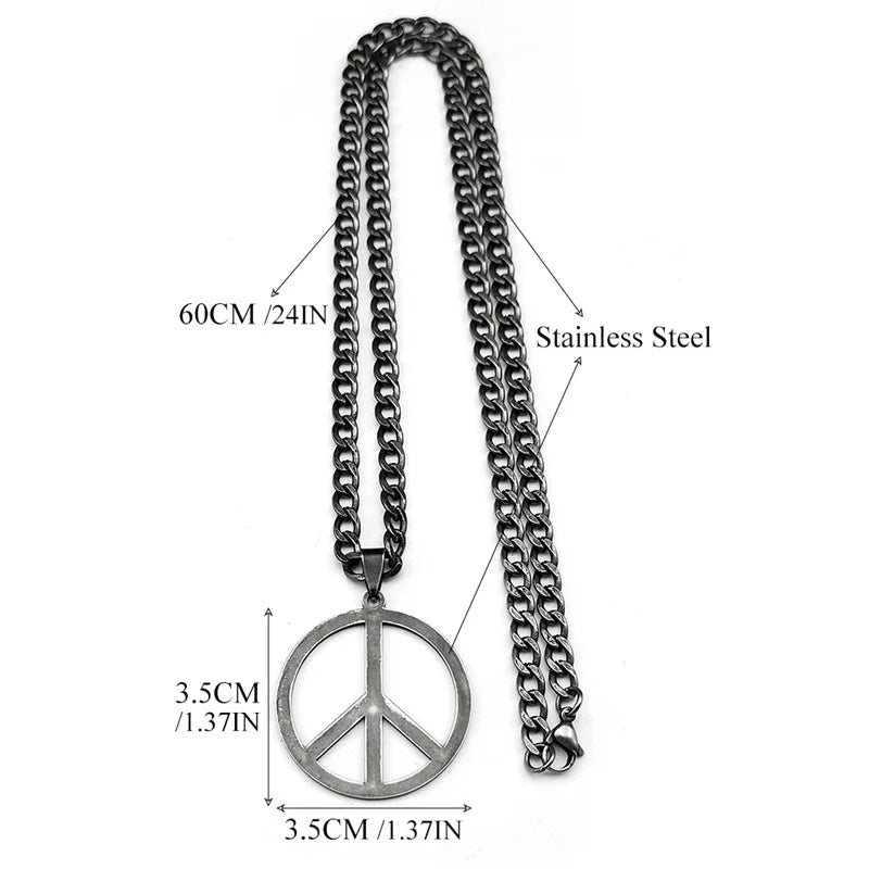 Goth Punk Peace Sign Symbol Pendant Necklace – Stainless Steel, Black Color, Hippie Charm for Women and Men, Party Choker Jewelry