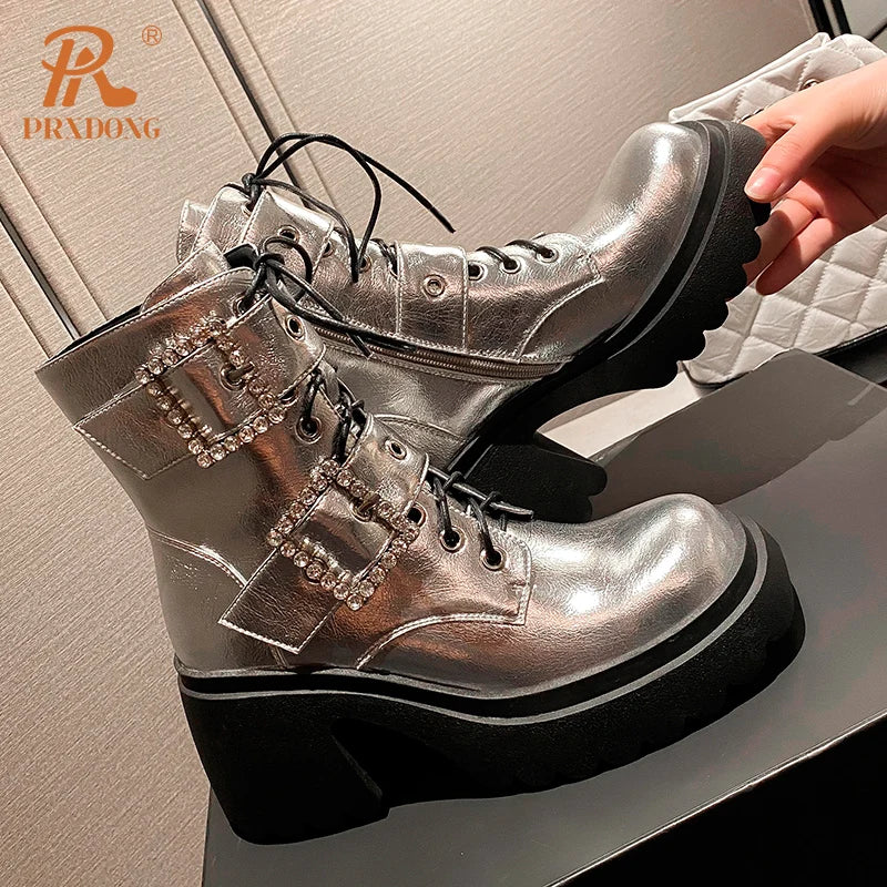 PRXDONG New Fashion Genuine Leather Women’s Ankle Boots - Autumn Winter Chunky High Heels Platform Punk Shoes in Black and Silver