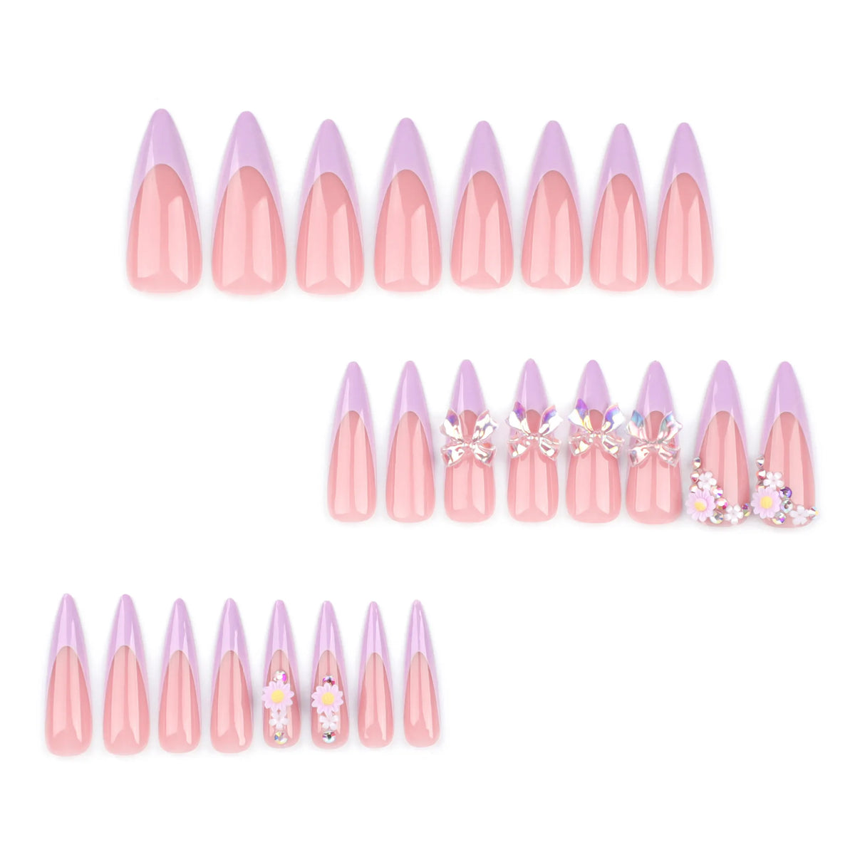 24Pcs Long Stiletto Almond Head Fake Nails with Rhinestone Design Wearable Pink French Press on False Nails Jelly Stick-ons