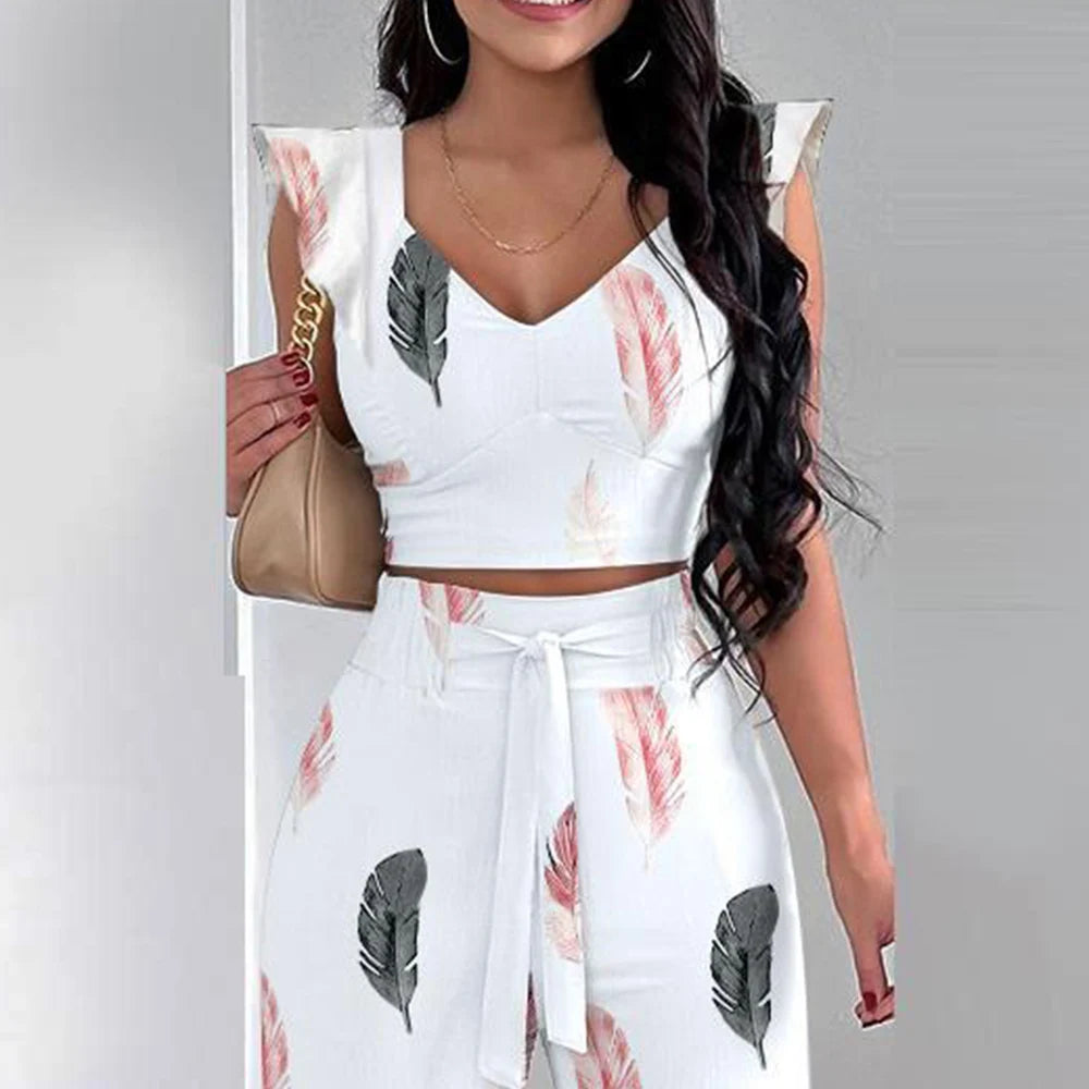 Women’s Casual Sleeveless Top and Long Pants Set - Print Ruffles Lace-Up Loose Wide Leg Pants Suit for Summer