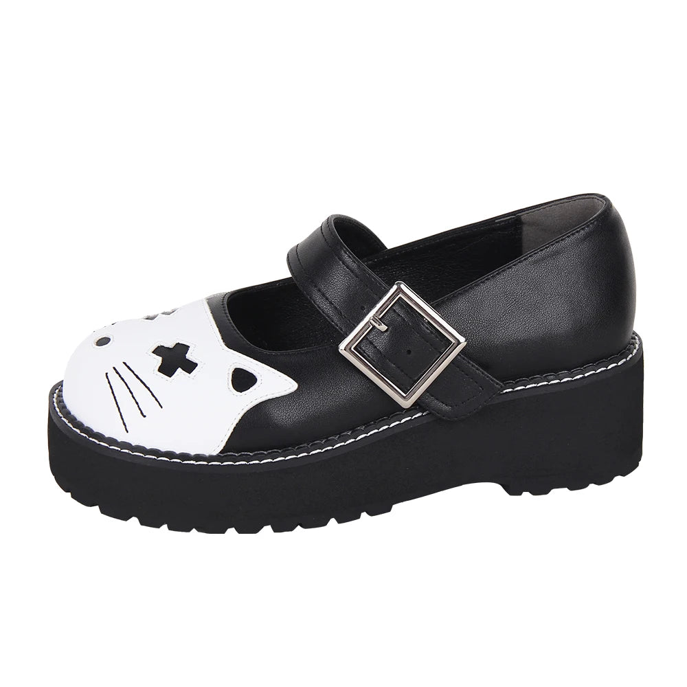 Women’s and Girls’ Lolita Punk Rock Style Mary Jane Shoes - Low Platform with White Kitty Cat Toe Accent and Buckle Detail