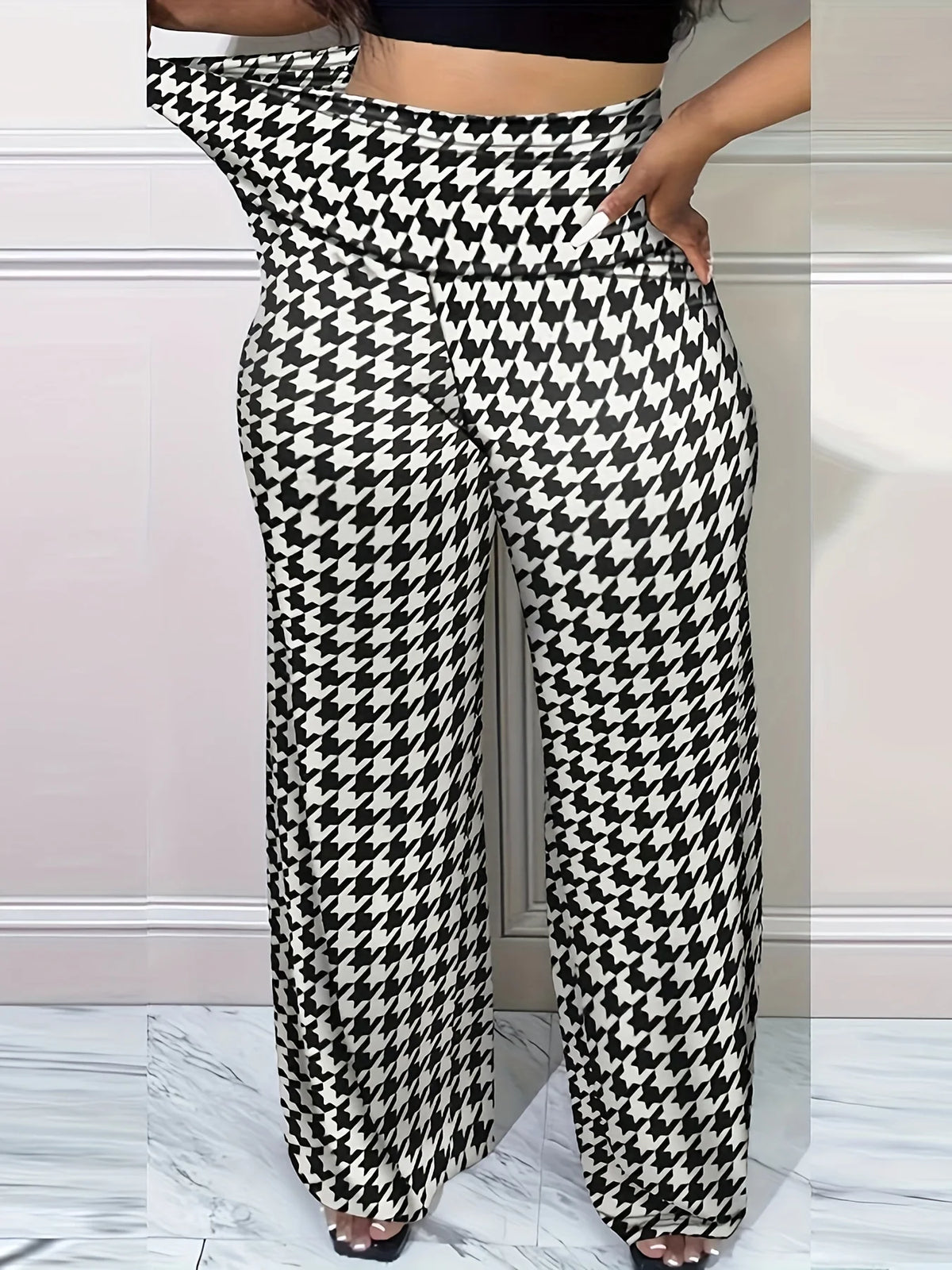 Plus Size High Waist Slim Fit Thousand Bird Checker Wide Leg Pants – Versatile Women’s Pants