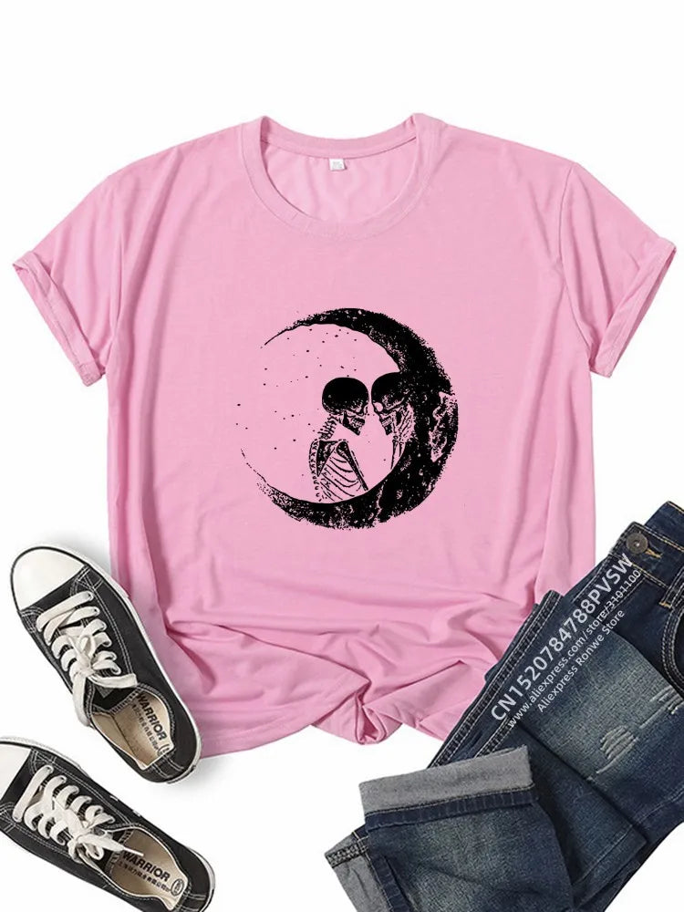 Love In a Crescent Moon Round Neck Short Sleeved Graphic Print Tee Shirt