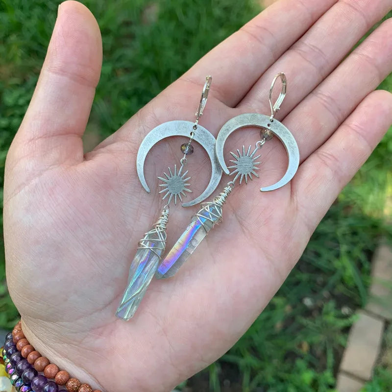 Celestial Aura Quartz Moon and Star Earrings - Bohemian Witchy Jewelry for Women