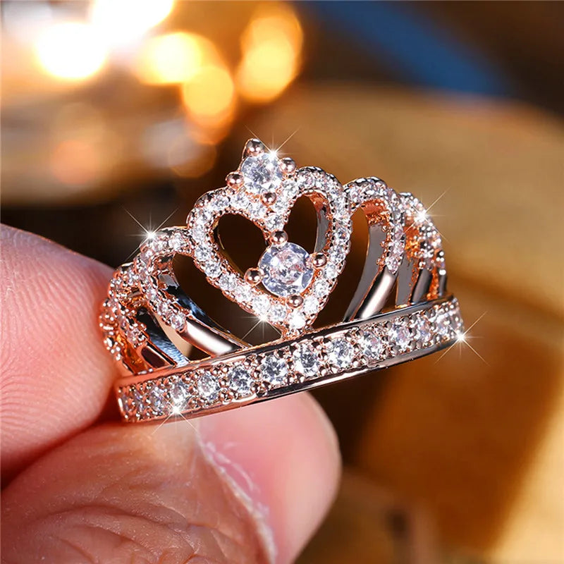 Luxury Female Big Heart Crown Zircon Stone Engagement Ring - Rose Gold Bride Wedding Jewelry Gift