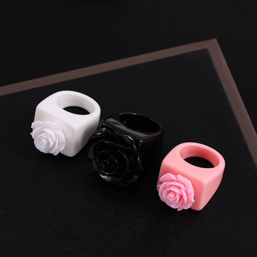 2024 Trendy Geometric Resin Acrylic Rings – Chunky Square & Round Knuckle Flower Jewelry for Women and Girls