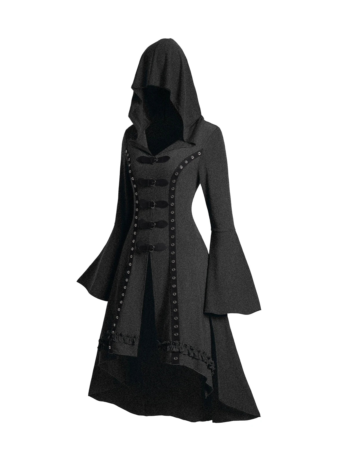 Dressfo Women’s Gothic Grommet Hooded Top – High Low Hem, Buckle Flare Sleeves, Frilled Long Sleeve Halloween Dress