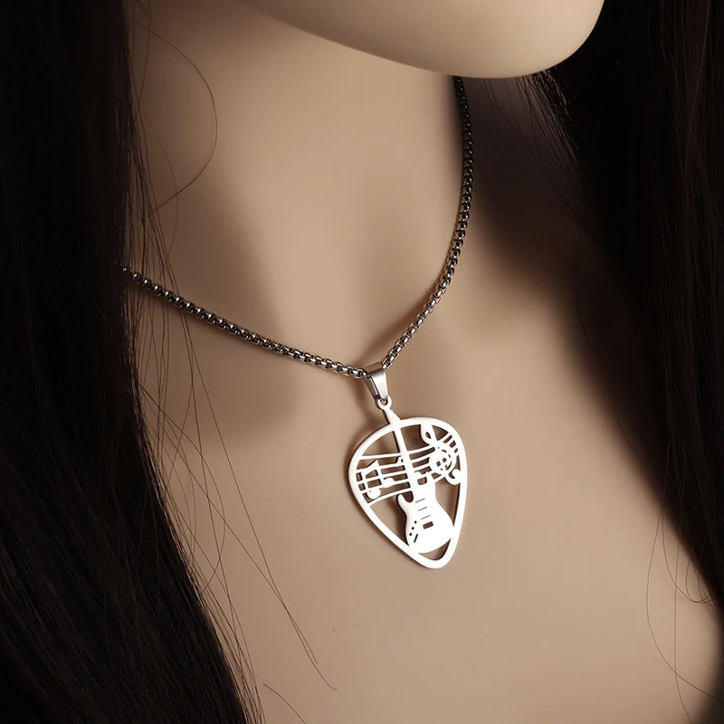 Stainless Steel Hollow Design Guitar Pick Bass Note Necklace Men and Women Suitable for Music Lovers Pendant Rock Punk Jewelry