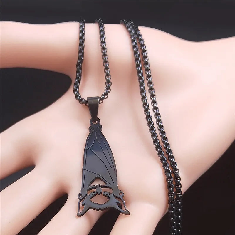 Fashion Gothic Bat Stainless Steel Chain Necklace | Black Color Punk Long Necklaces Jewelry for Women/Men