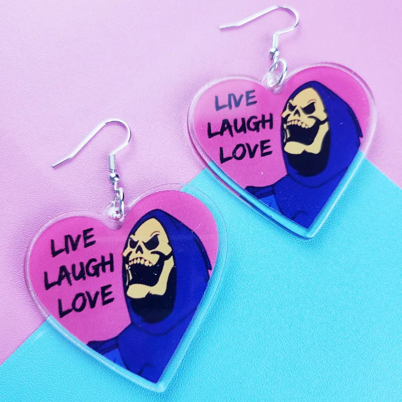 Skeltor He-Man Live Laugh Love Acrylic Earrings - Creative Stay Weird Jewelry, Personalized Charm for Women, Perfect Gift Idea