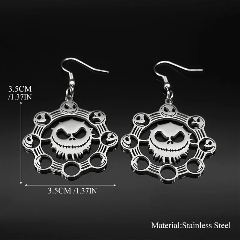 Gothic Stainless Steel Skull Moon Drop Earrings – Skeleton Dangle Earrings in Silver Color, Jewelry Gift for Women and Men