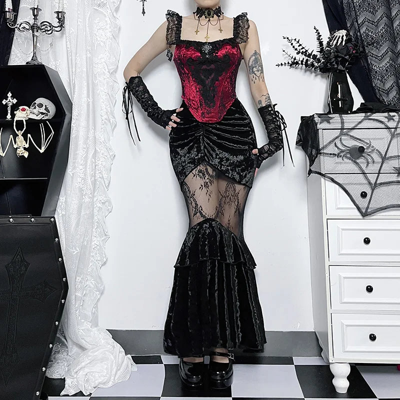 Women's Gothic Half-body Skirt Sexy See-through Spice Girls Long Skirt Temperament Velvet Lace Splicing Half Skirt