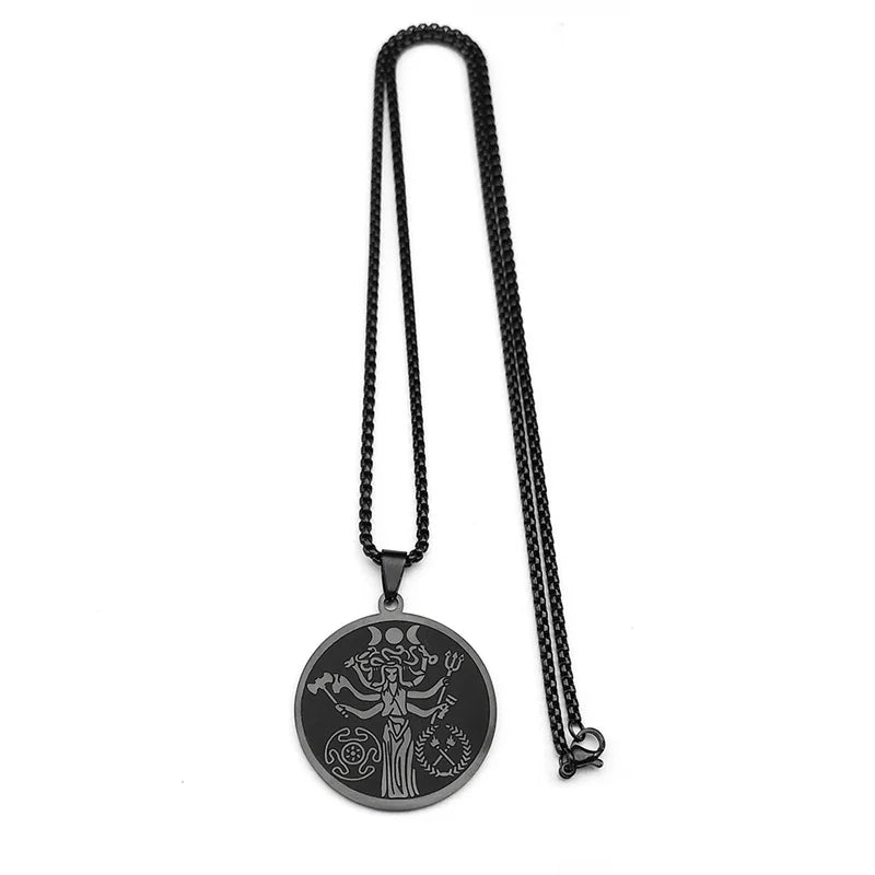 Wicca Triple Moon Goddness Hekate Wheel Torch Pendant Necklace For Women Men Stainless Steel Dark Style Snake Trident Jewelry