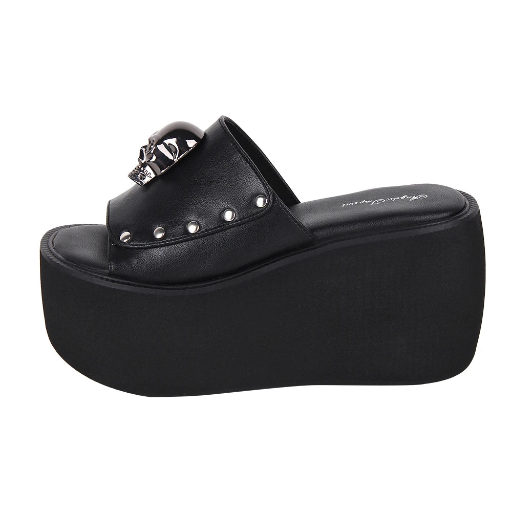 Women and Girls Lolita Punk Rock Slide Sandals - 10cm Platform Shoes with Skull Rivet Details