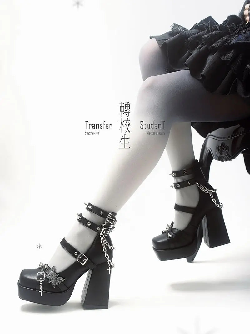 Dark Lolita Y2K Butterfly Heels - Black Thick Sole High Heels with Chain, Spicy Waterproof Shoes