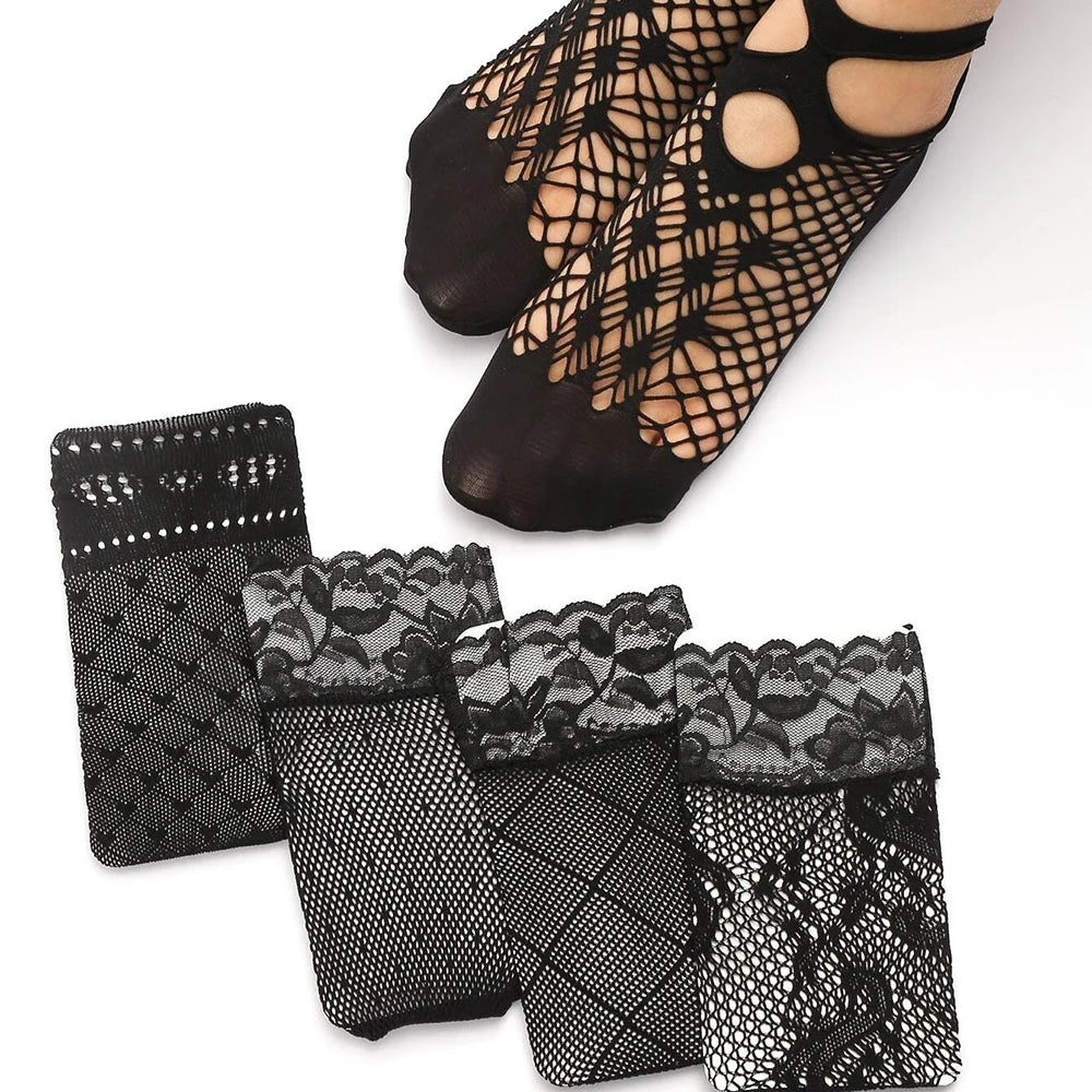 Women's Sexy Summer Fishnet Mesh Ankle Socks – Black Floral Lace Patchwork, Breathable Hollow Nylon Hosiery