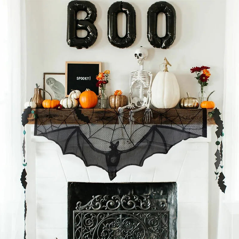 Halloween Bat and Spider Web Table Runner - Lace Cobweb Door Curtain, Ideal for Gothic Halloween Decoration