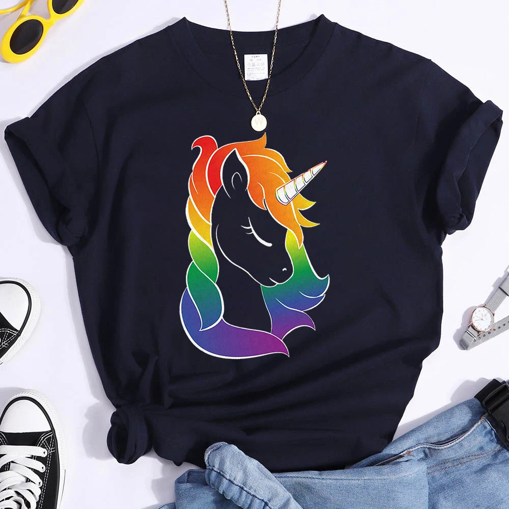 Fabulous Rainbow Unicorn Show Your Pride Round Neck Short Sleeved Tee Shirt