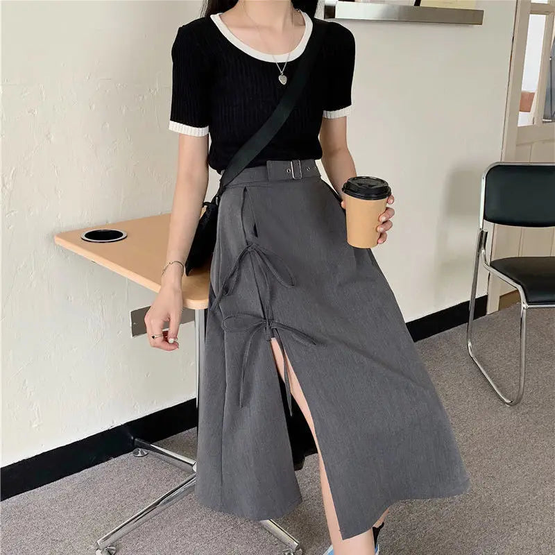 Vintage Dark Gothic High Split Mid-Calf Skirt: Elegant Fashion for Women's Party Club, High Waist Femme Bottom Streetwear Goth Style