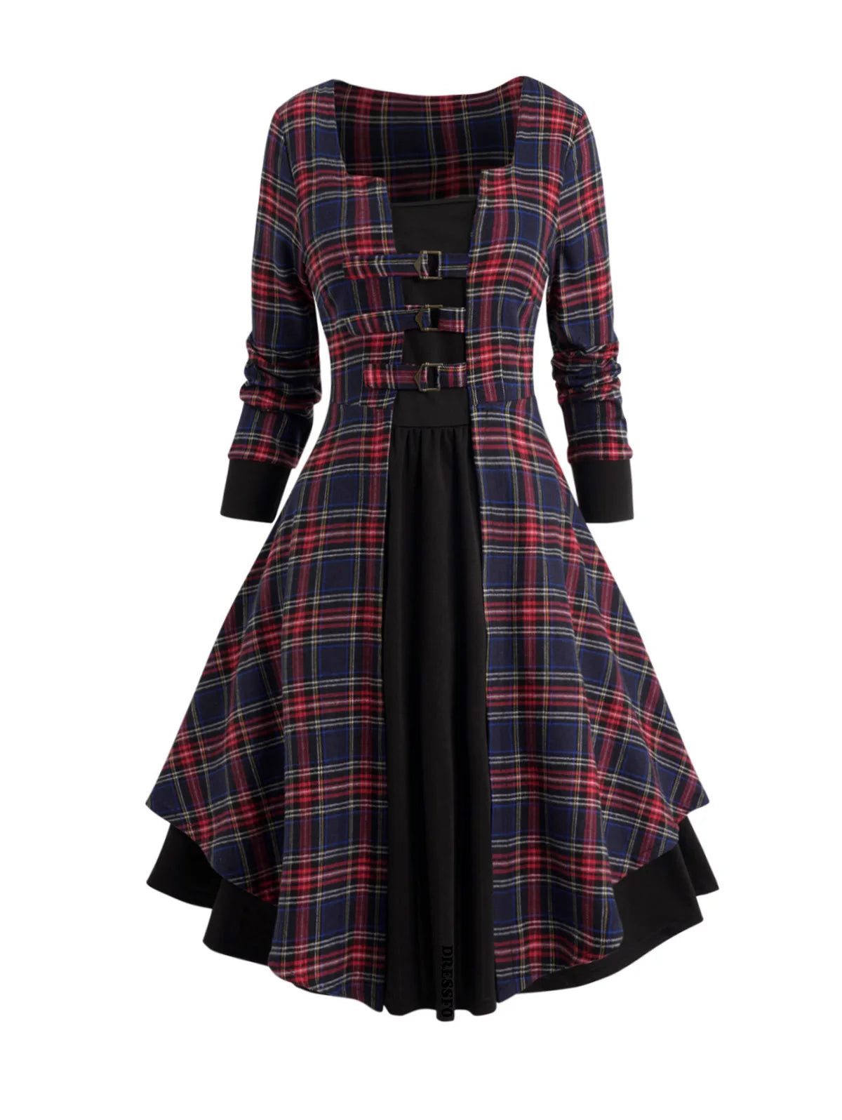 Dressfo 2024 Women’s Plaid Print Midi Dress – Faux Twinset with Buckle Strap and Long Sleeves