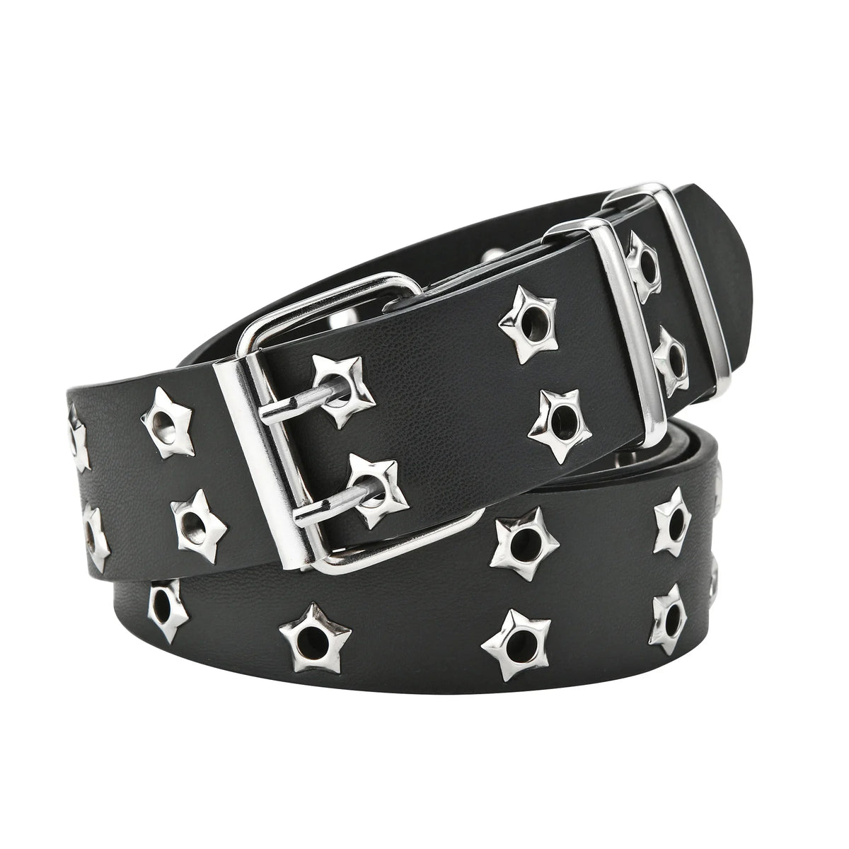 Star Eye Rivet Belt: Gothic Double Pin Buckle, Unisex Fashion Statement in Casual Punk Style PU Leather, Perfect Waistband for Youthful Jeans Wear