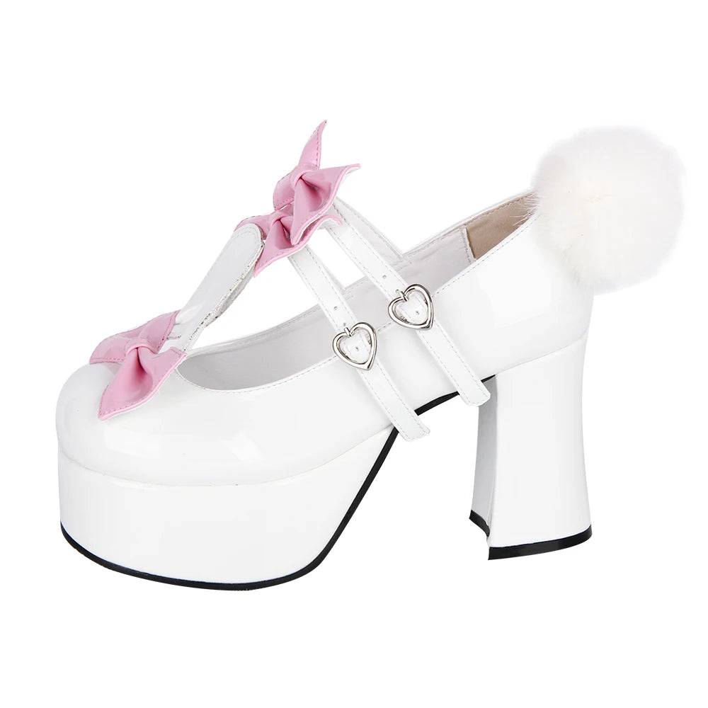 Women lolita cosplay shoes lady high heels pumps girl student dress party customized shoes pink white PL bows Rabbit ears 33-47