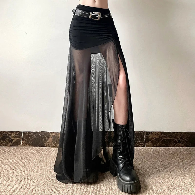 Yangelo Gothic Street Style Pure Color Slim Fit High Waist Net Yarn Split Skirts 2024 Summer Women's Fashionable Skirt