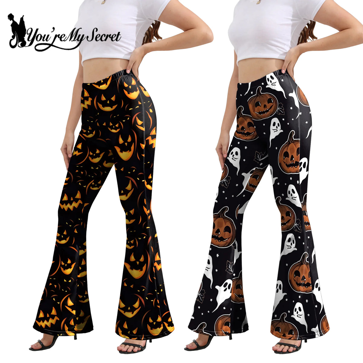 [You're My Secret] Women's Slim Pants Casual Bell Bottoms High Waist Flare Trousers Halloween Style Printed Trousers Female